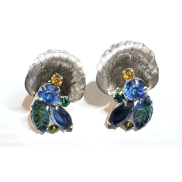 Juliana D&E Blue Green Rhinestones Brooch Earrings Set Molded Navettes #1748 - Picture 4 of 10